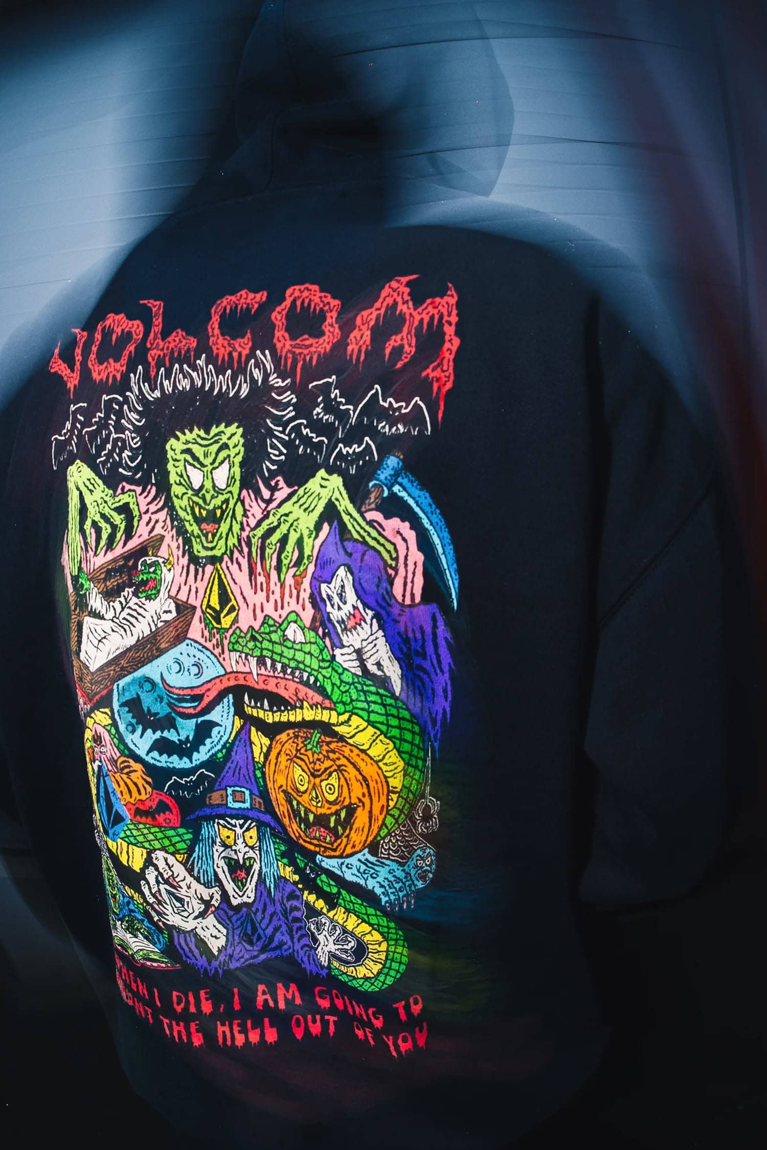 Volcom J.J. Villard Hoodie in black with colorful graphic design featuring Halloween-themed monsters.